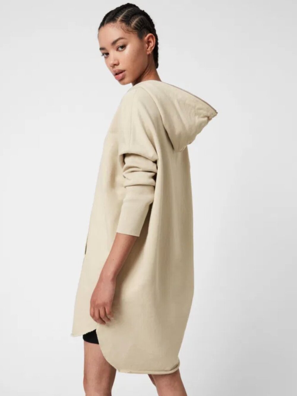 AllSaints Xonda Hoody Dress Sand Beige Cotton Quarter Zip Hoodie WD084U Small